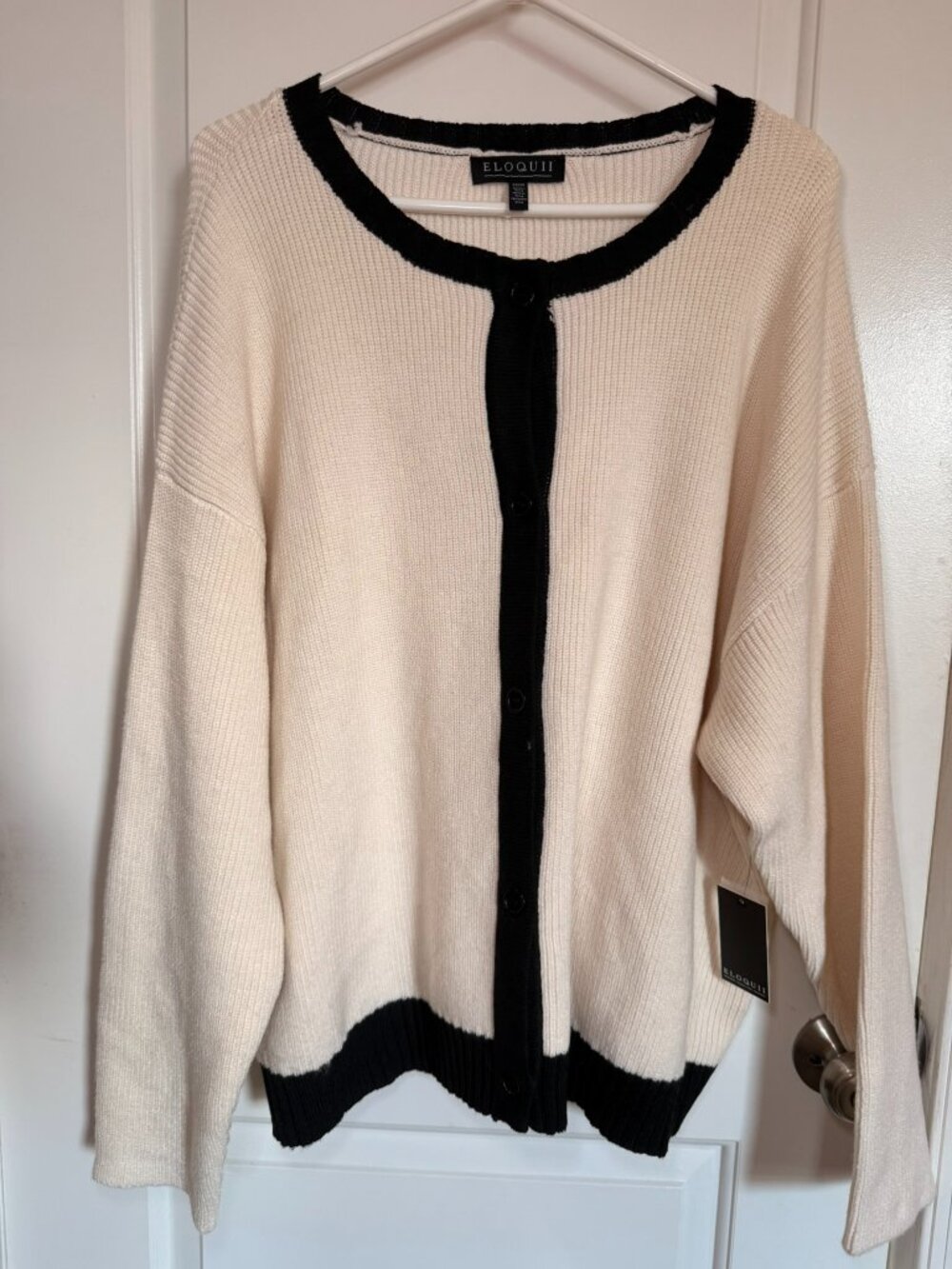NWT Eloquii Cream Black Contrast Trim Ribbed Cardigan Sweater Plus Size 22/24